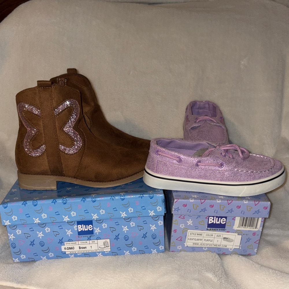 NEW IN BOX 2 Pairs size 1 Purple Boat Style Sneakers AND Brown Boots